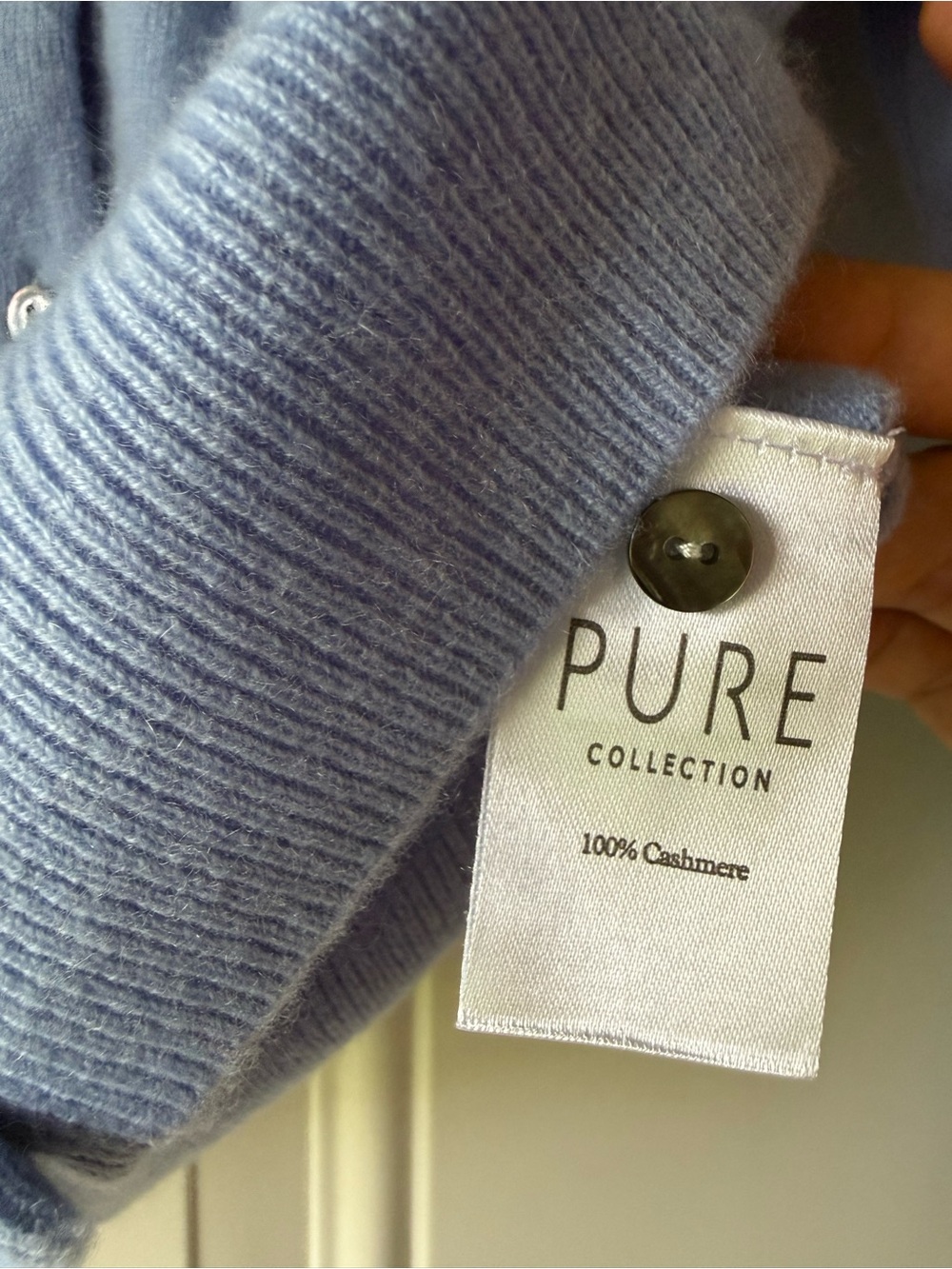 PURE Collection Cashmere Light Blue 3/4 Sleeve Crewneck Cardigan - Picture 7 of 7